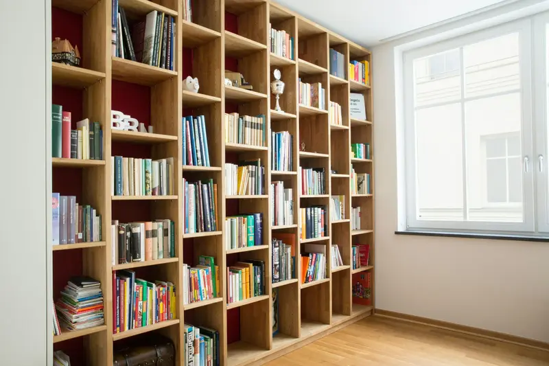 Bibliothèque en bois clair du sol au plafond, remplie de livres colorés, à côté d'une grande fenêtre lumineuse.