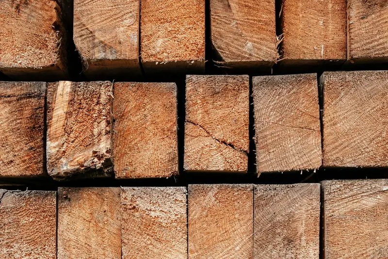 Pile de poutres de bois brut vues en bout, avec leurs cernes de croissance et quelques fentes.